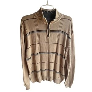 Oscar de‎ la Renta Vintage Y2K Mens Beige Knit Striped 1/4 Zip Sweater XL Cotton